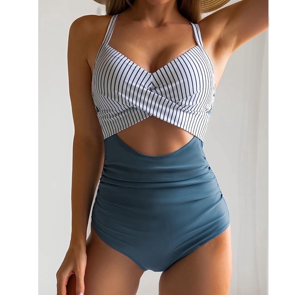 NWT! | Somer One Piece Swimsuit Cutout High Waisted Tie Back Blue Size Medium